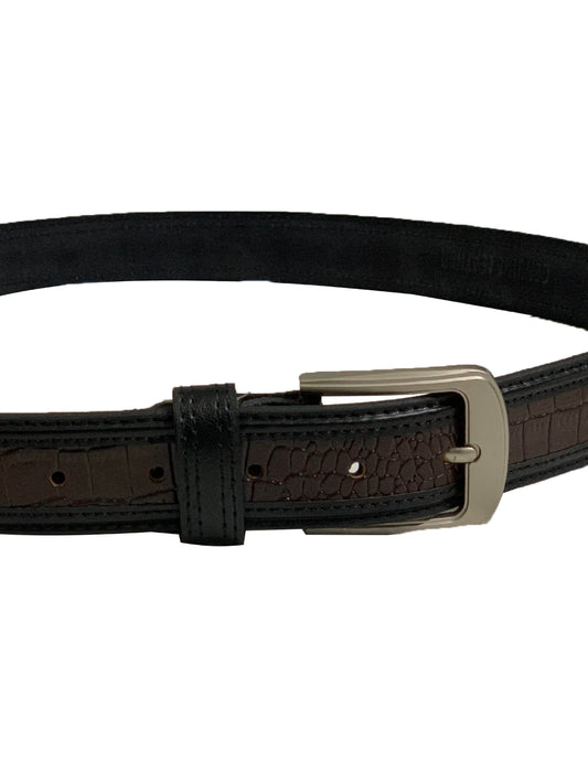 Black & Brown Leather Belt With Silver Buckle